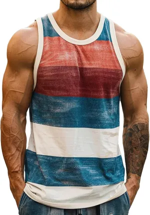 Mens Tank Tops Summer V Neck Striped Beach Casual Sleeveless T Shirts Workout Gyms Lightweight Muscle Big and Tall Vest