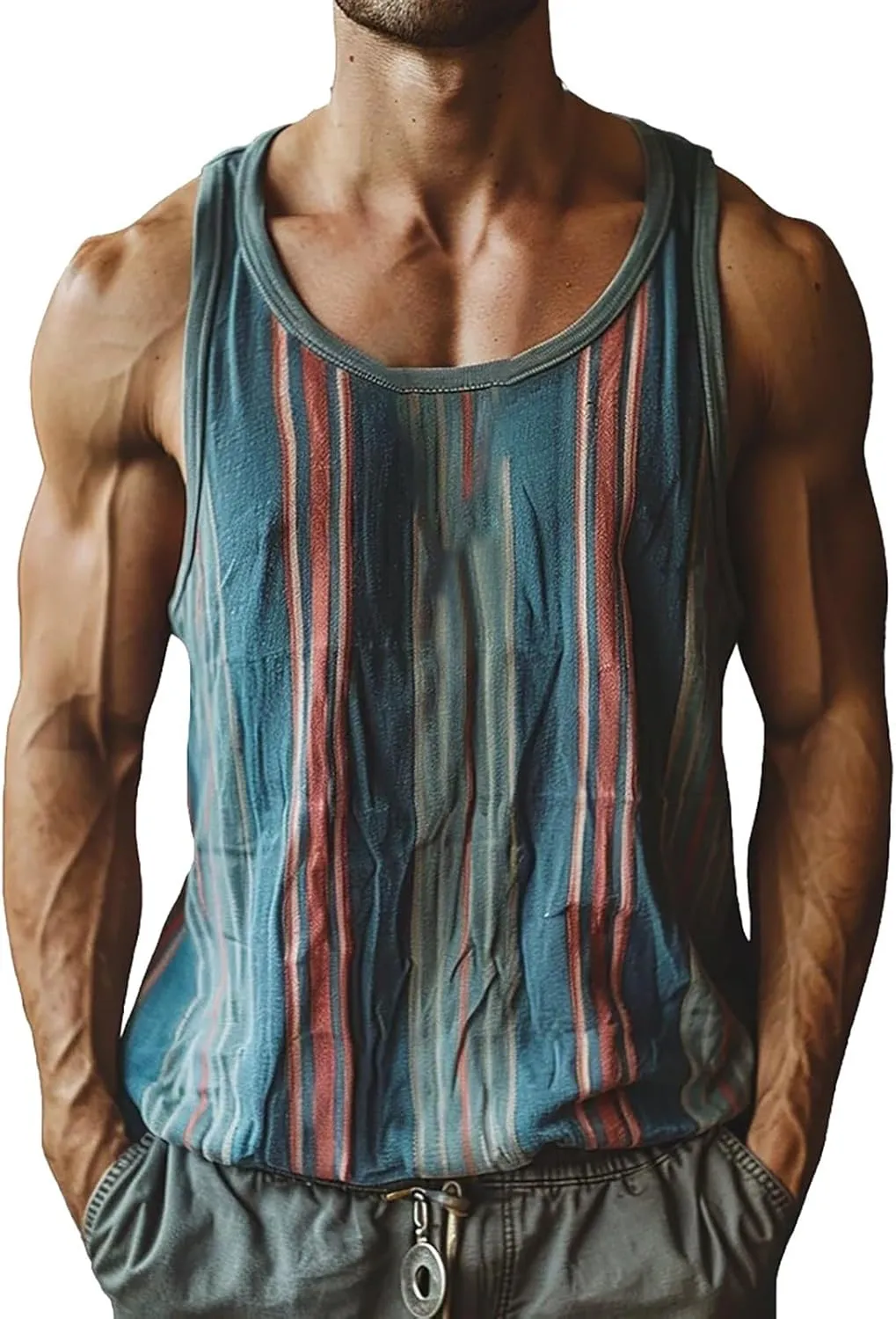 Mens Tank Tops Summer V Neck Striped Beach Casual Sleeveless T Shirts Workout Gyms Lightweight Muscle Big and Tall Vest