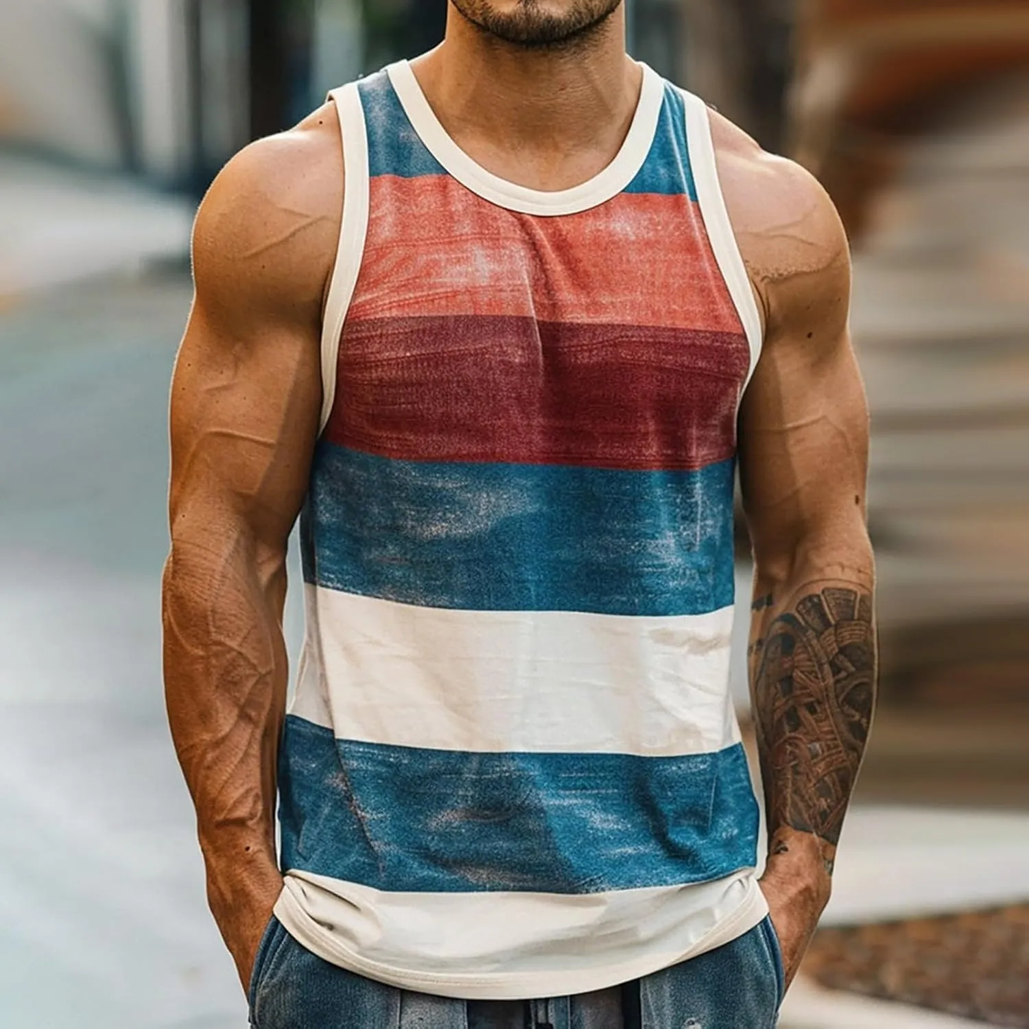 Mens Tank Tops Summer V Neck Striped Beach Casual Sleeveless T Shirts Workout Gyms Lightweight Muscle Big and Tall Vest