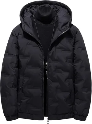 Men's Thickened Short Down Jacket Full Zip Warm Hooded Jacket Fashion Lightweight Windproof Warm Coat with Pockets