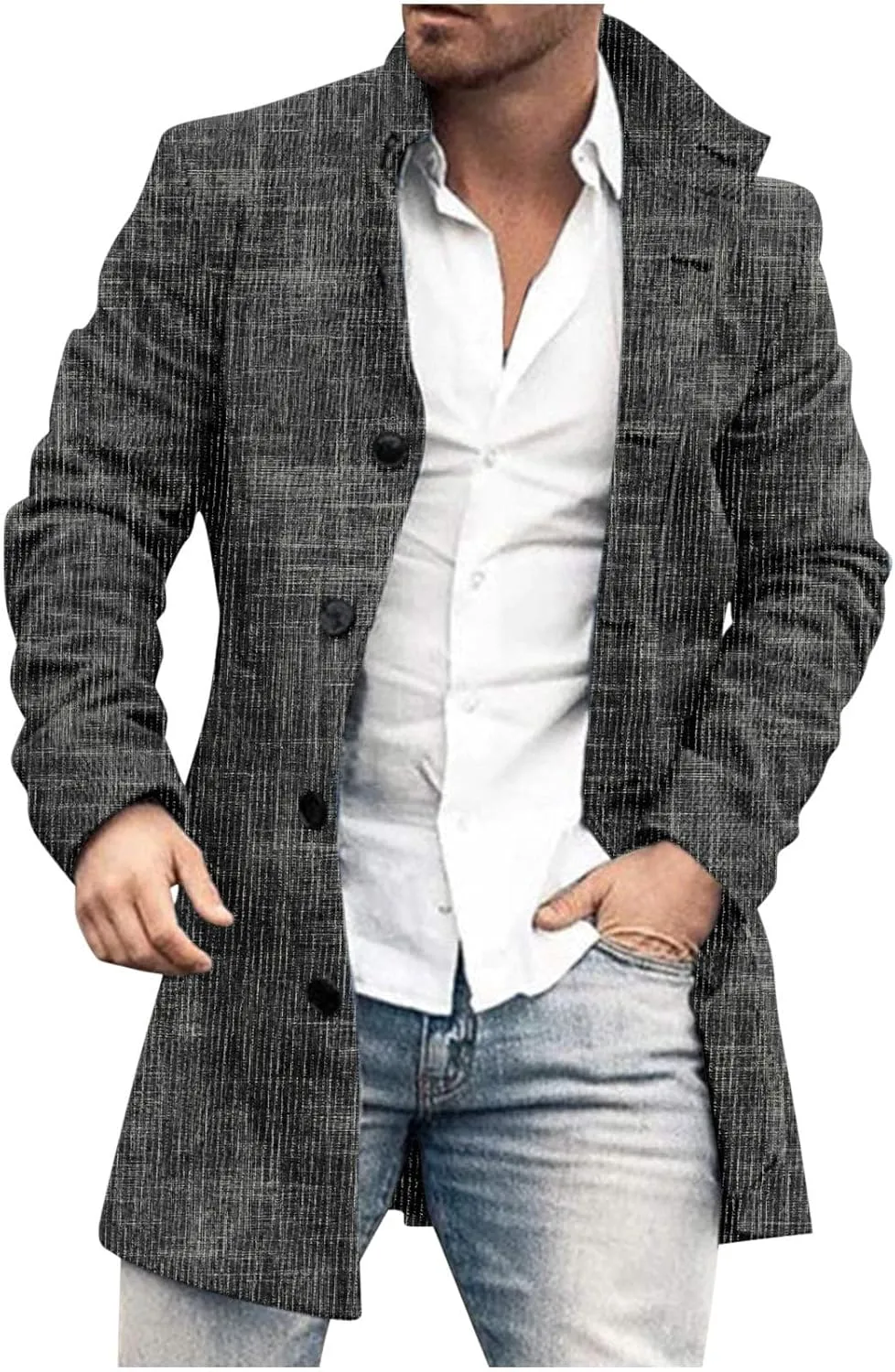 Mens Trench Coat Classic Printed Pea Coat Winter Long Single Breasted Classic Stylish Business Cardigan Overcoat