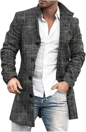 Mens Trench Coat Classic Printed Pea Coat Winter Long Single Breasted Classic Stylish Business Cardigan Overcoat