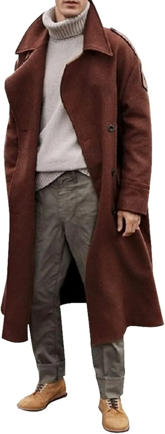 Men's Wool Blend Single Breasted Long Pea Coat Long Trench Coat Casual Cotton Blend Peacoat