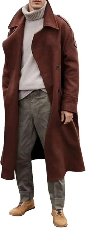 Men's Wool Blend Single Breasted Long Pea Coat Long Trench Coat Casual Cotton Blend Peacoat