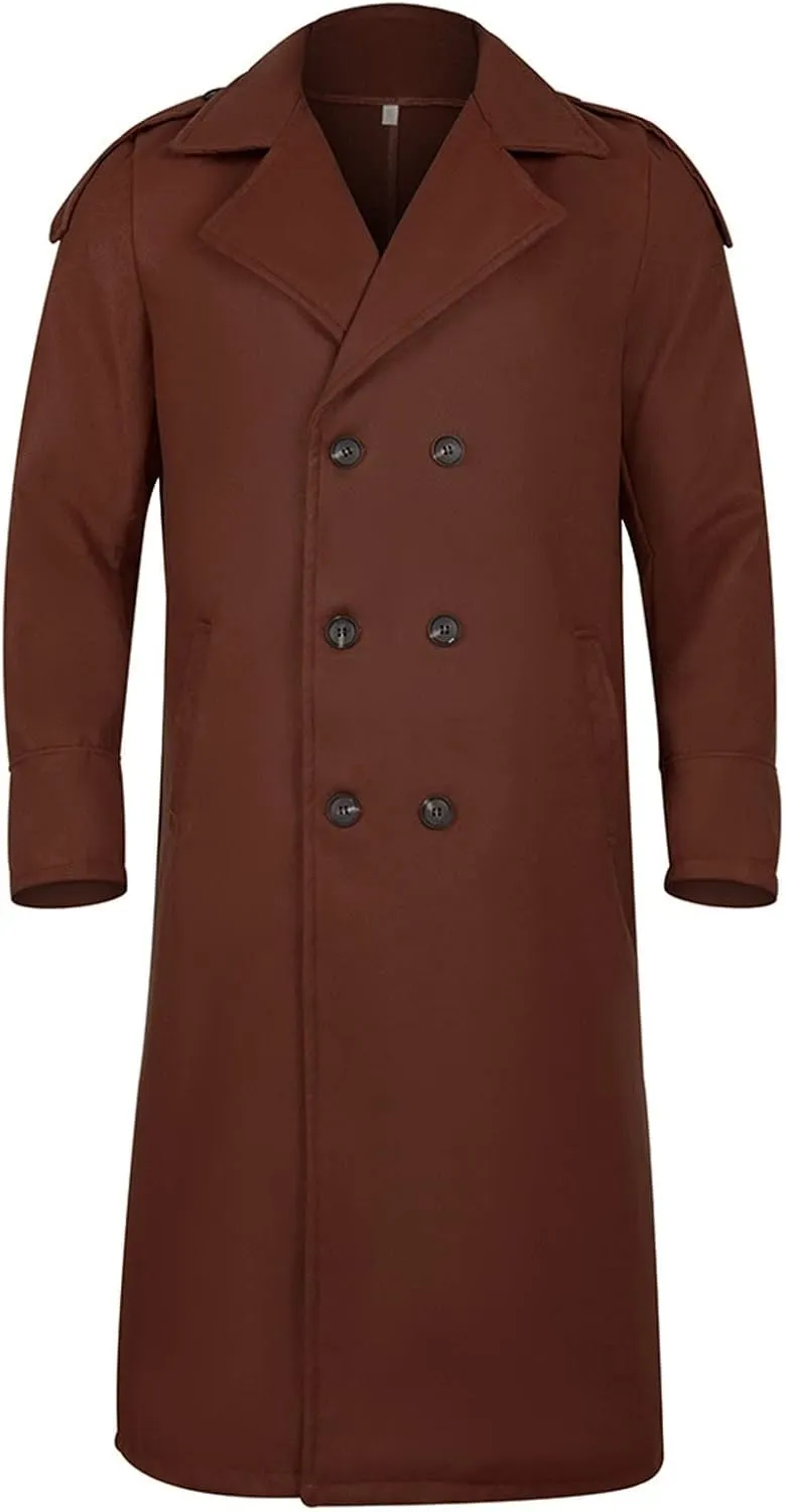 Men's Wool Blend Single Breasted Long Pea Coat Long Trench Coat Casual Cotton Blend Peacoat