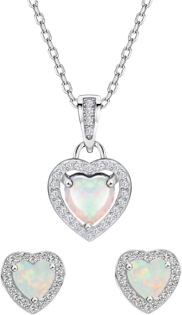 michooyel Opal Jewelry Set Sterling Silver Heart Pendant Necklace Stud Earrings October Birthstone Gemstone Jewelry for Women