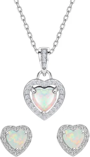 michooyel Opal Jewelry Set Sterling Silver Heart Pendant Necklace Stud Earrings October Birthstone Gemstone Jewelry for Women
