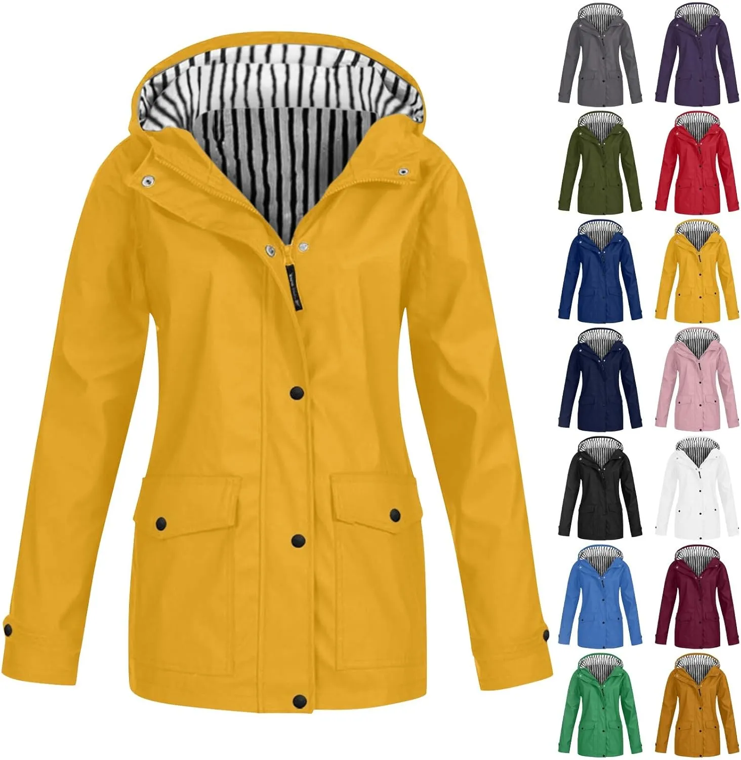 Miyaomn Rain Jacket for Women Lightweight Waterproof Long Hooded Trench Coat Stripes Lined Windbreaker Outdoor Travel Jackets
