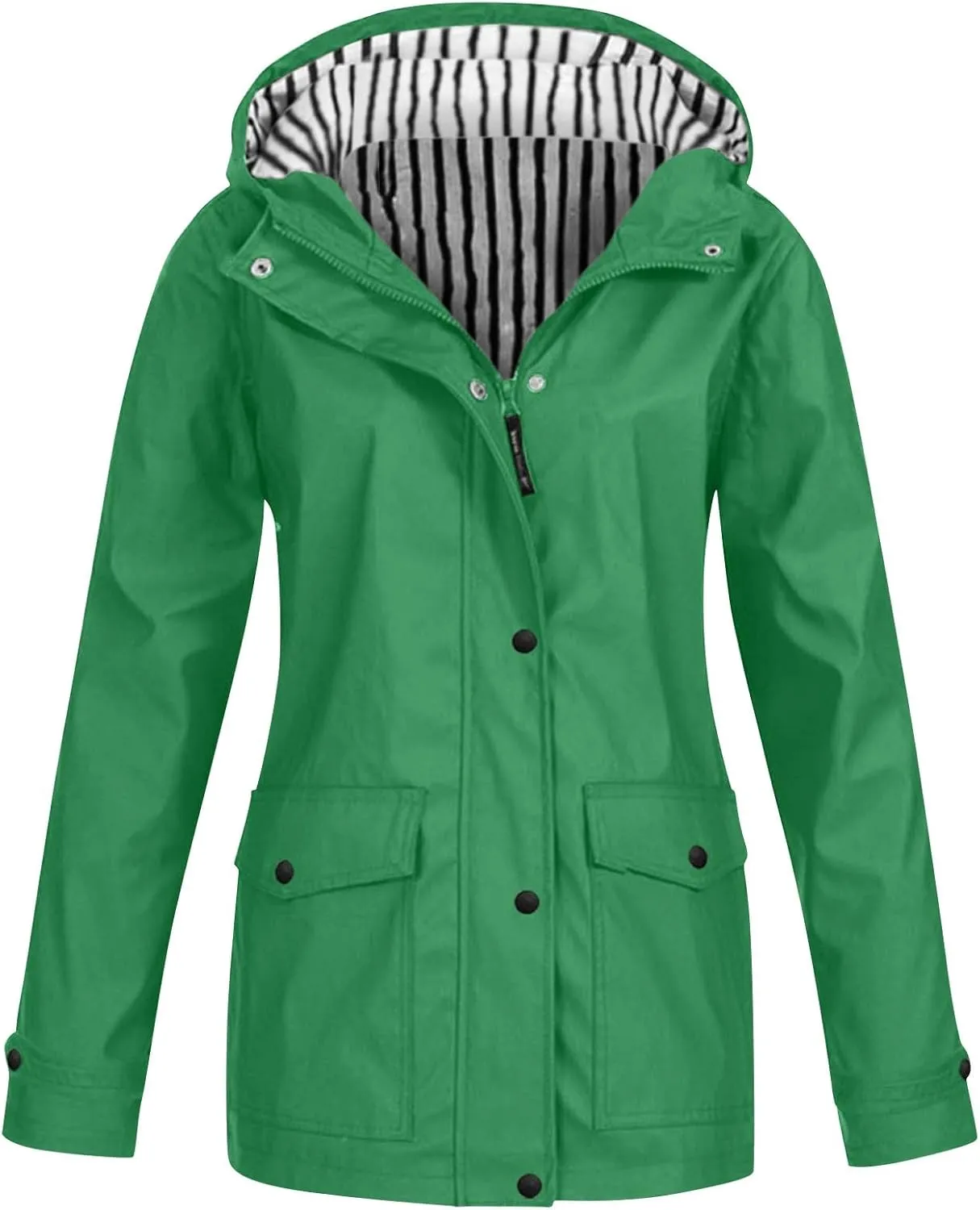 Miyaomn Rain Jacket for Women Lightweight Waterproof Long Hooded Trench Coat Stripes Lined Windbreaker Outdoor Travel Jackets