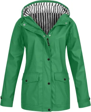 Miyaomn Rain Jacket for Women Lightweight Waterproof Long Hooded Trench Coat Stripes Lined Windbreaker Outdoor Travel Jackets