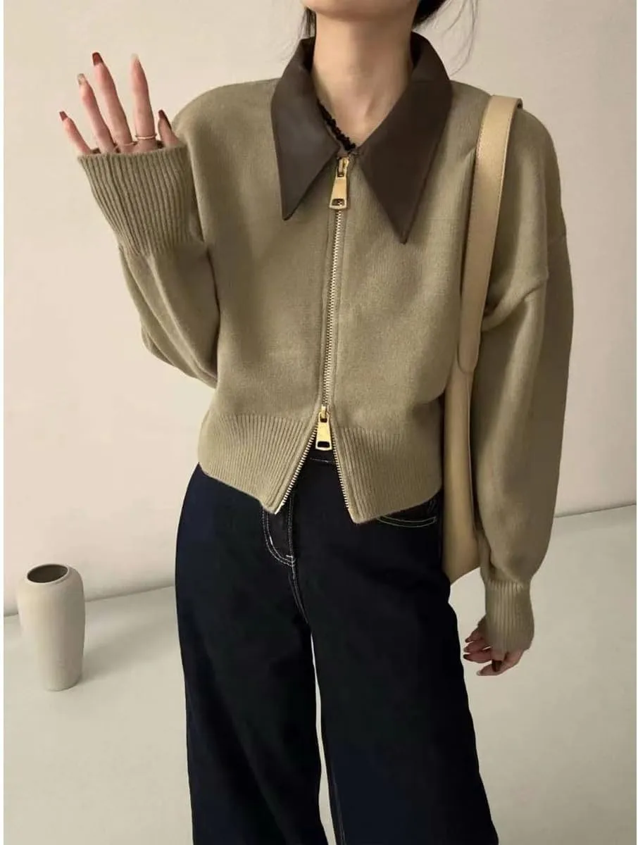 MOLERFO Cropped Cardigan Women Leather Collared Zip up Jacket Knit Sweater Aesthetic Cute Sweaters Fall 2024 Trendy