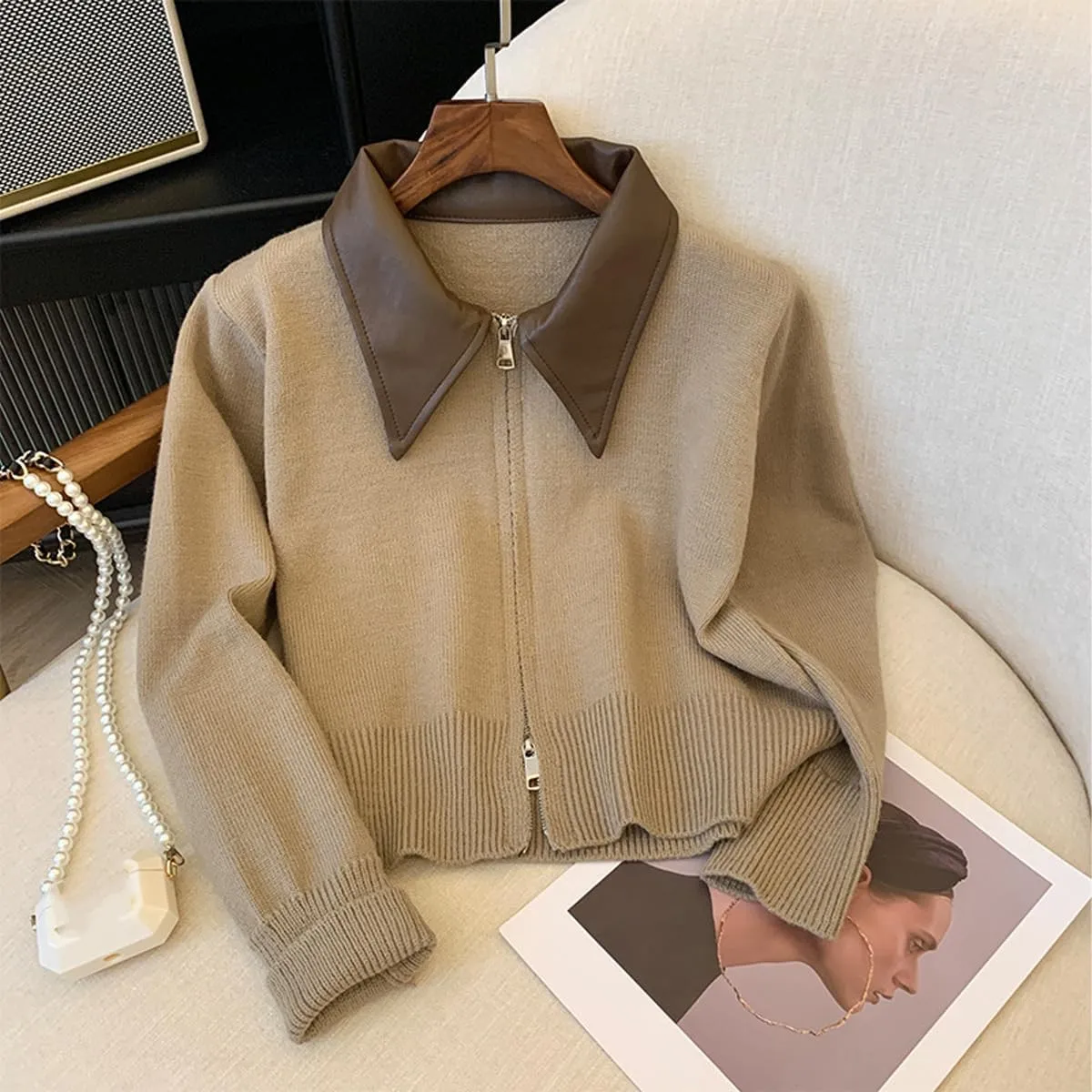MOLERFO Cropped Cardigan Women Leather Collared Zip up Jacket Knit Sweater Aesthetic Cute Sweaters Fall 2024 Trendy