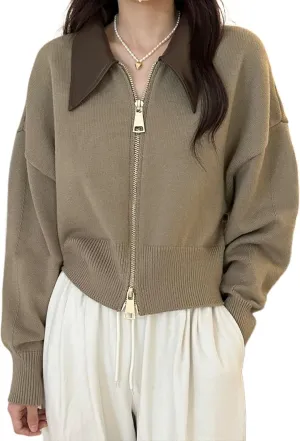 MOLERFO Cropped Cardigan Women Leather Collared Zip up Jacket Knit Sweater Aesthetic Cute Sweaters Fall 2024 Trendy