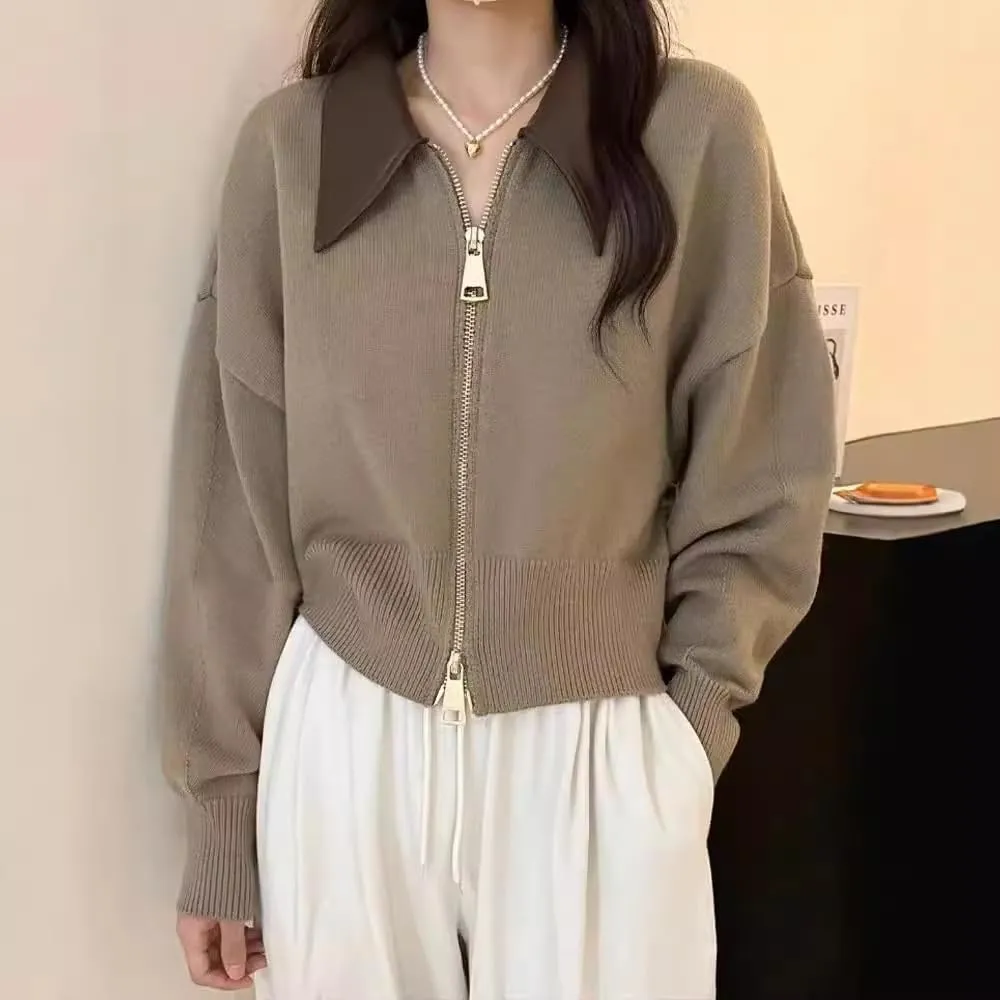MOLERFO Cropped Cardigan Women Leather Collared Zip up Jacket Knit Sweater Aesthetic Cute Sweaters Fall 2024 Trendy