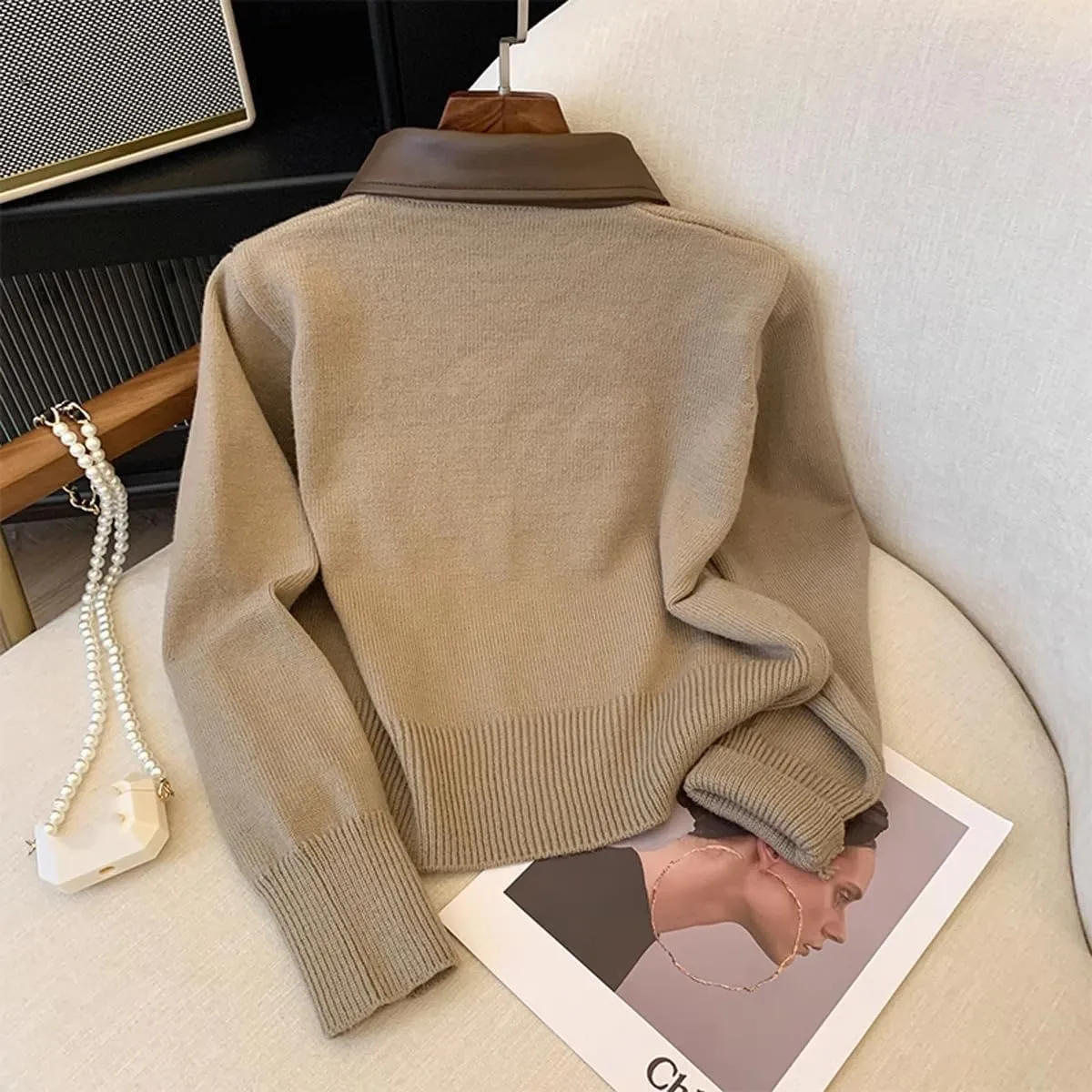 MOLERFO Cropped Cardigan Women Leather Collared Zip up Jacket Knit Sweater Aesthetic Cute Sweaters Fall 2024 Trendy