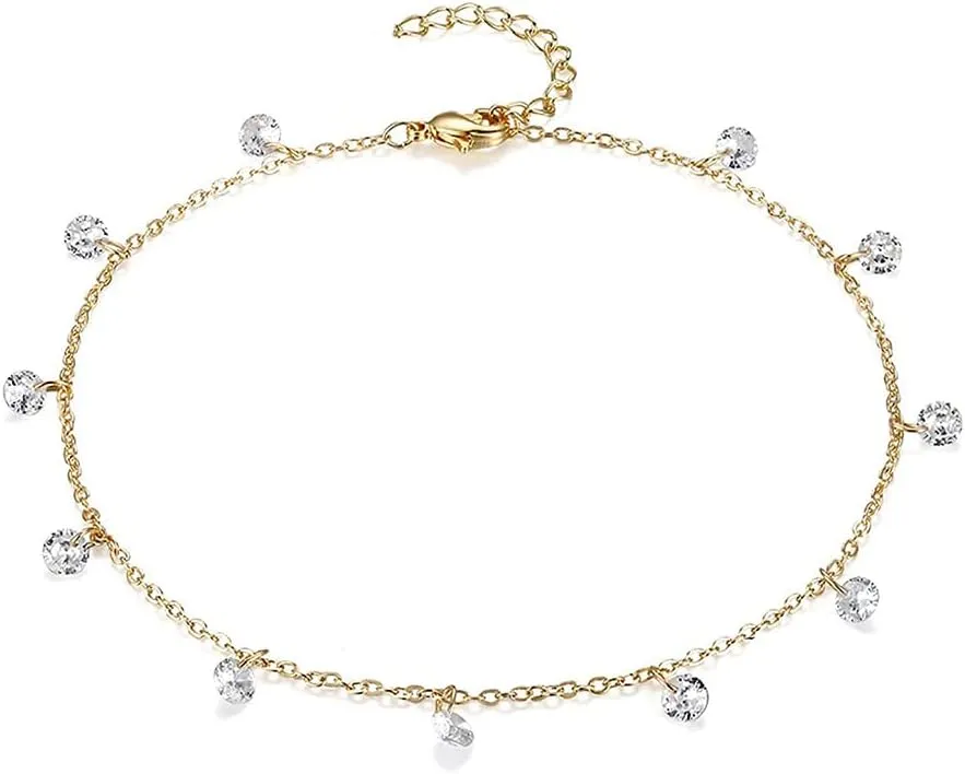 Multilyaer Stainless Steel Tassel Crystal Anklet For Women Yoga Beach Leg Bracelet Anklets Foot Chain Jewelry (01 gold-)