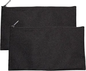 Multipack of 2 Compact Zipper Cloth Pouches, Zipper Bag, Travel Toiletry, Cosmetics, Stationary Case, 11 x 6 inches (Black)