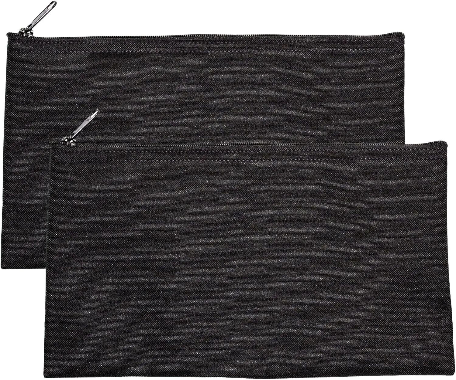 Multipack of 2 Compact Zipper Cloth Pouches, Zipper Bag, Travel Toiletry, Cosmetics, Stationary Case, 11 x 6 inches (Black)