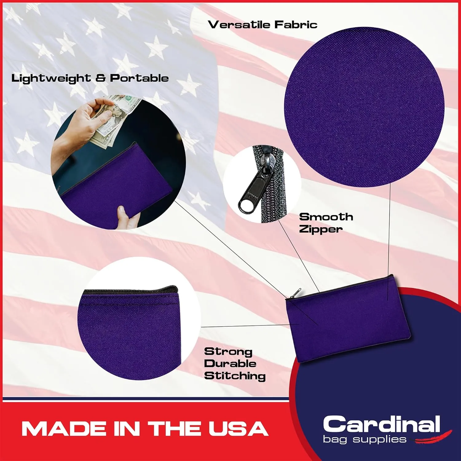 Multipack of 2 Compact Zipper Cloth Pouches, Zipper Bag, Travel Toiletry, Cosmetics, Stationary Case, 11 x 6 inches (Purple)