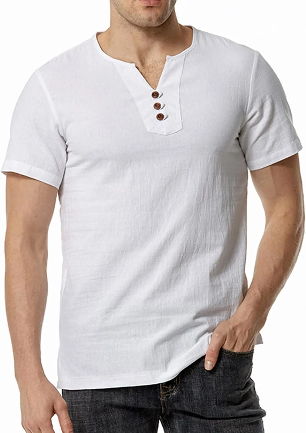 Muscularfit Henley Shirts for Men Short Sleeve Cotton Linen T Shirt Summer Casual Stylish Regular-Fit Chest Pocketed Tees