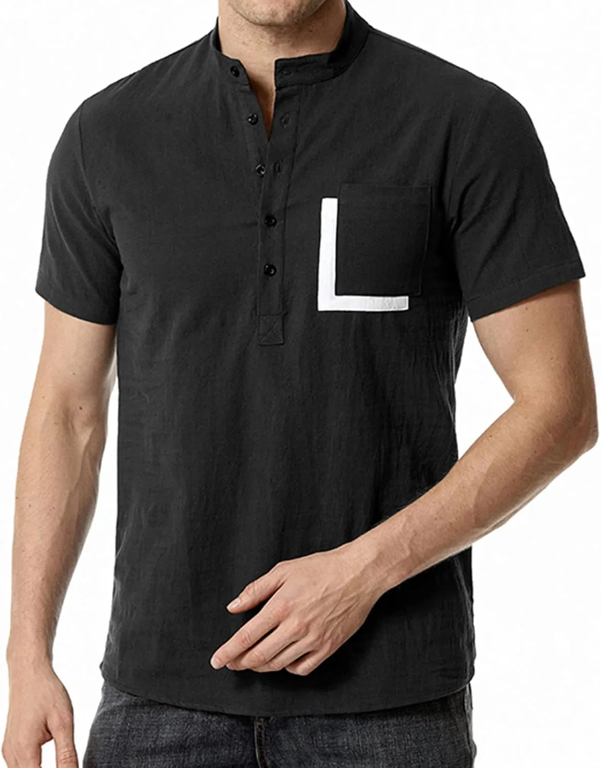 Muscularfit Mens Cotton Linen Shirts Short Sleeve Regular-Fit Button Down Summer Top Light Weight Henley Henley Polo T Shirt