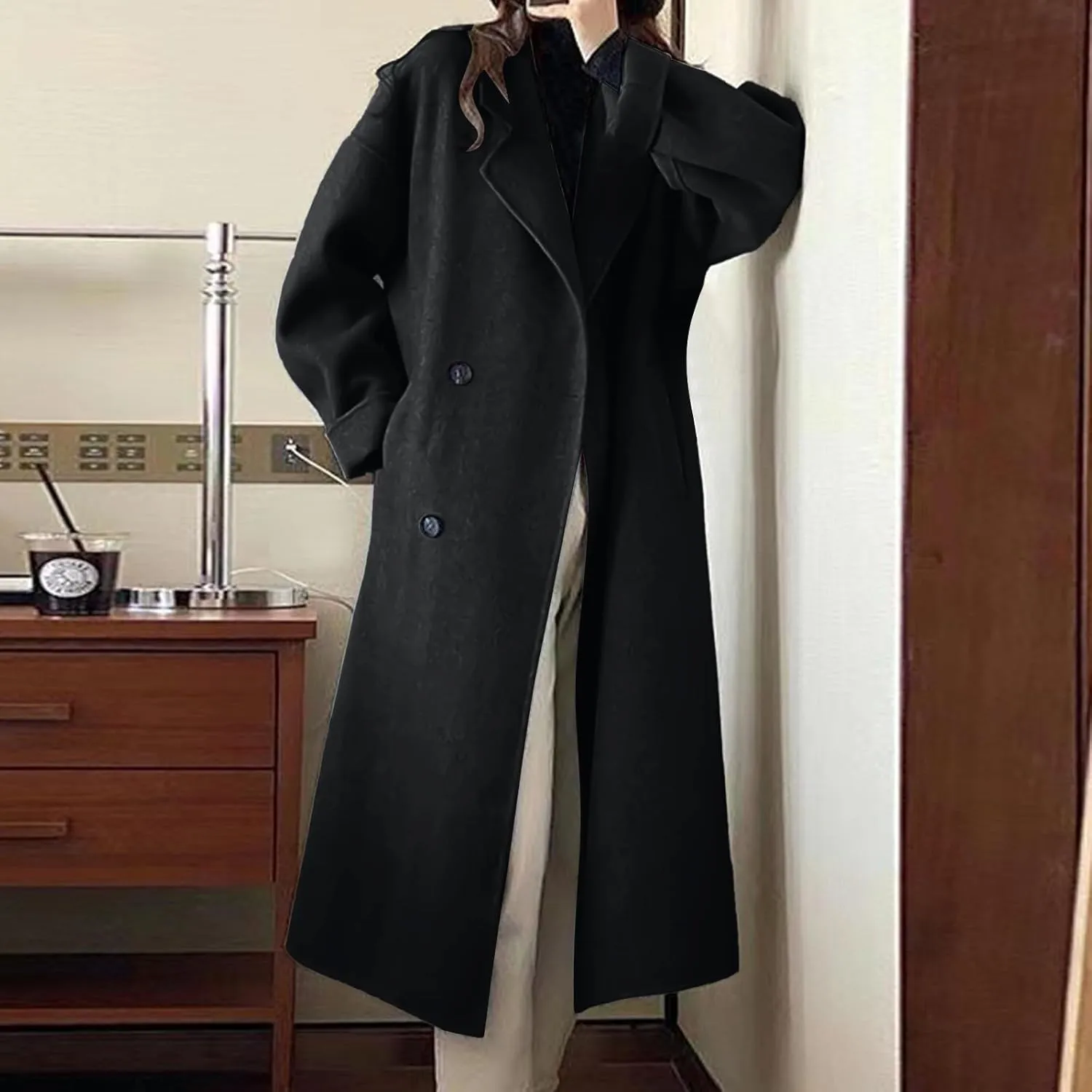 NATHGAM Winter Woolen Coats for Women Warm Lightweight Coats Outdoor Trench Woolen Coats Jackets Lapel Slim Long Coatigan