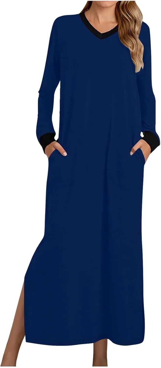 Night Dress for Women V Neck Long Sleeve Patchwork Side Slit Elegant Dresses Pullover Sleepwear Dress with Pockets