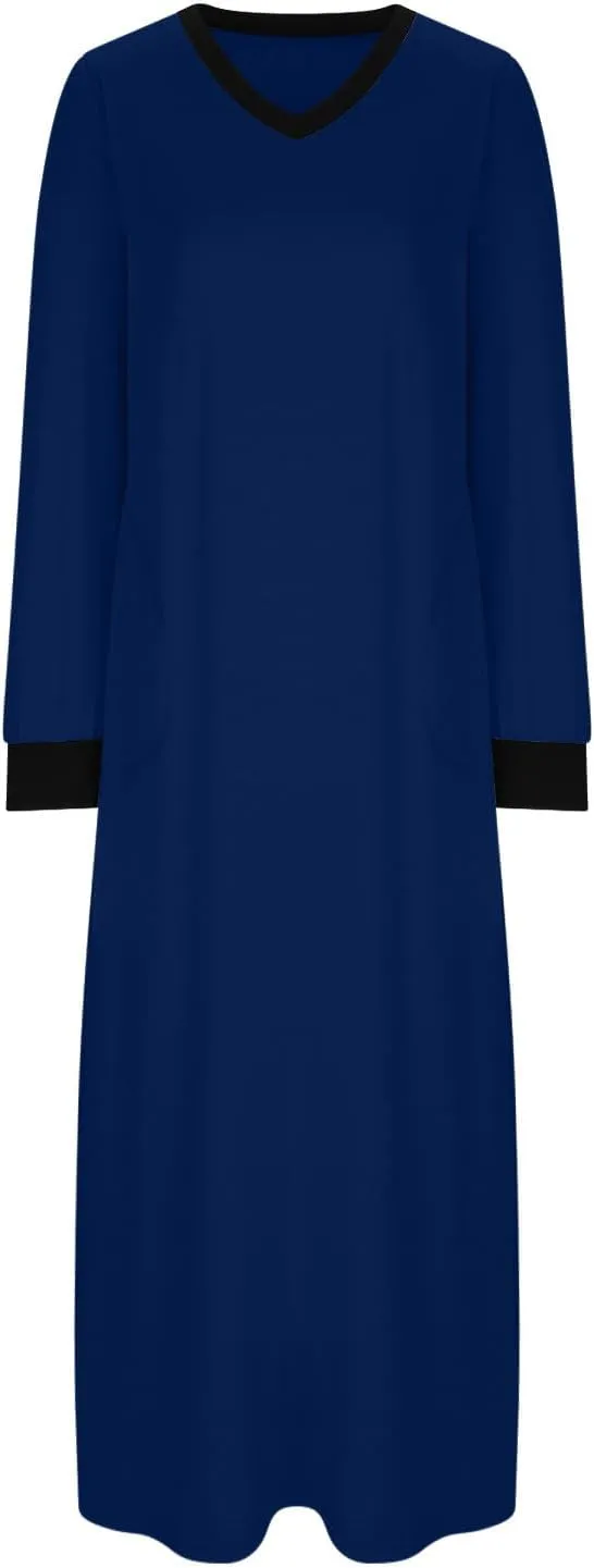 Night Dress for Women V Neck Long Sleeve Patchwork Side Slit Elegant Dresses Pullover Sleepwear Dress with Pockets