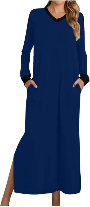 Night Dress for Women V Neck Long Sleeve Patchwork Side Slit Elegant Dresses Pullover Sleepwear Dress with Pockets