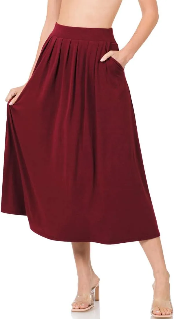 NioBe Clothing Womens Mid Calf Pleated Flared Swing Midi A Line Skirt