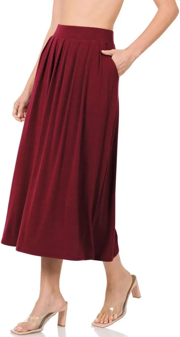 NioBe Clothing Womens Mid Calf Pleated Flared Swing Midi A Line Skirt
