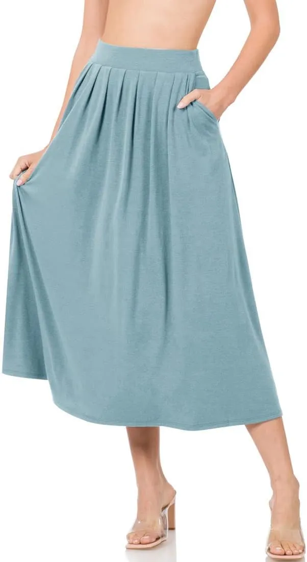 NioBe Clothing Womens Mid Calf Pleated Flared Swing Midi A Line Skirt