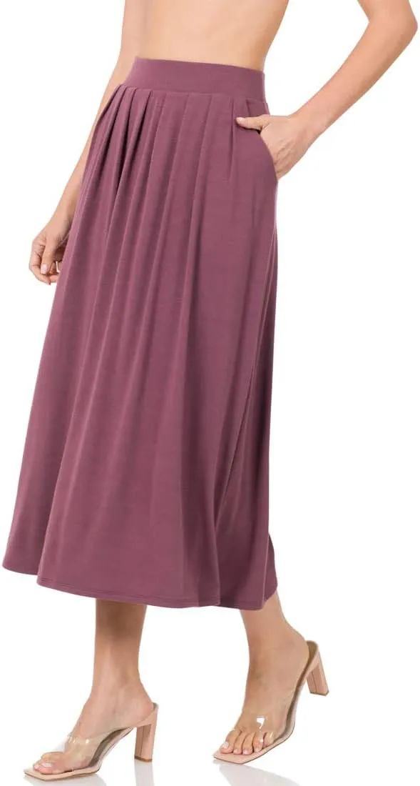 NioBe Clothing Womens Mid Calf Pleated Flared Swing Midi A Line Skirt