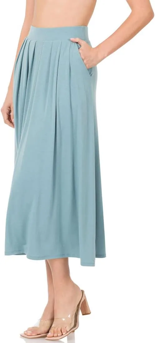 NioBe Clothing Womens Mid Calf Pleated Flared Swing Midi A Line Skirt