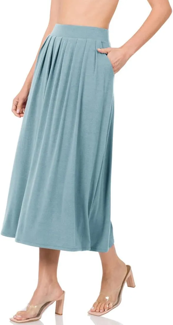 NioBe Clothing Womens Mid Calf Pleated Flared Swing Midi A Line Skirt