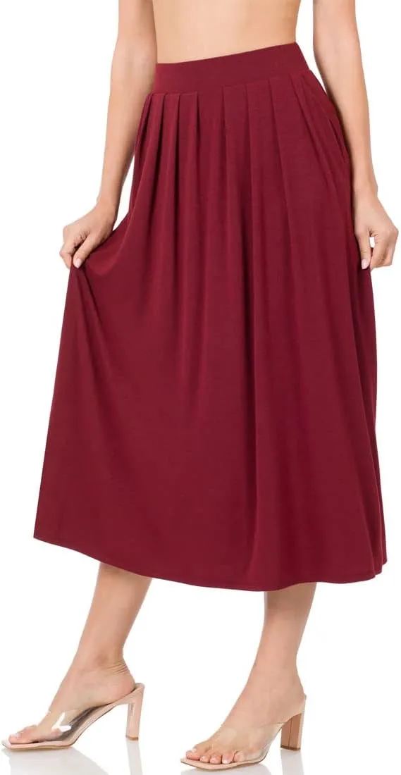NioBe Clothing Womens Mid Calf Pleated Flared Swing Midi A Line Skirt
