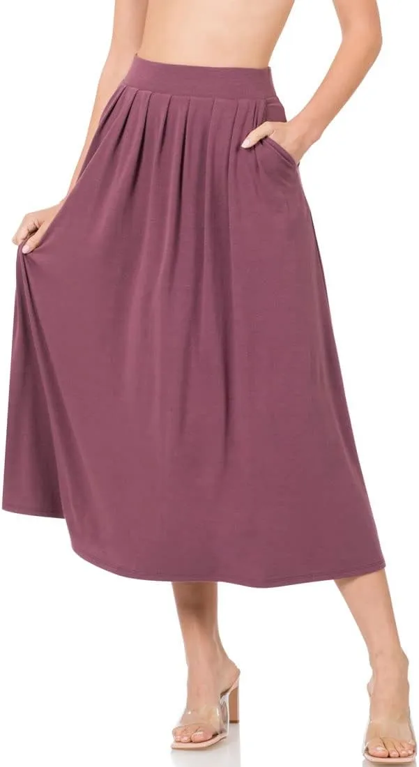 NioBe Clothing Womens Mid Calf Pleated Flared Swing Midi A Line Skirt