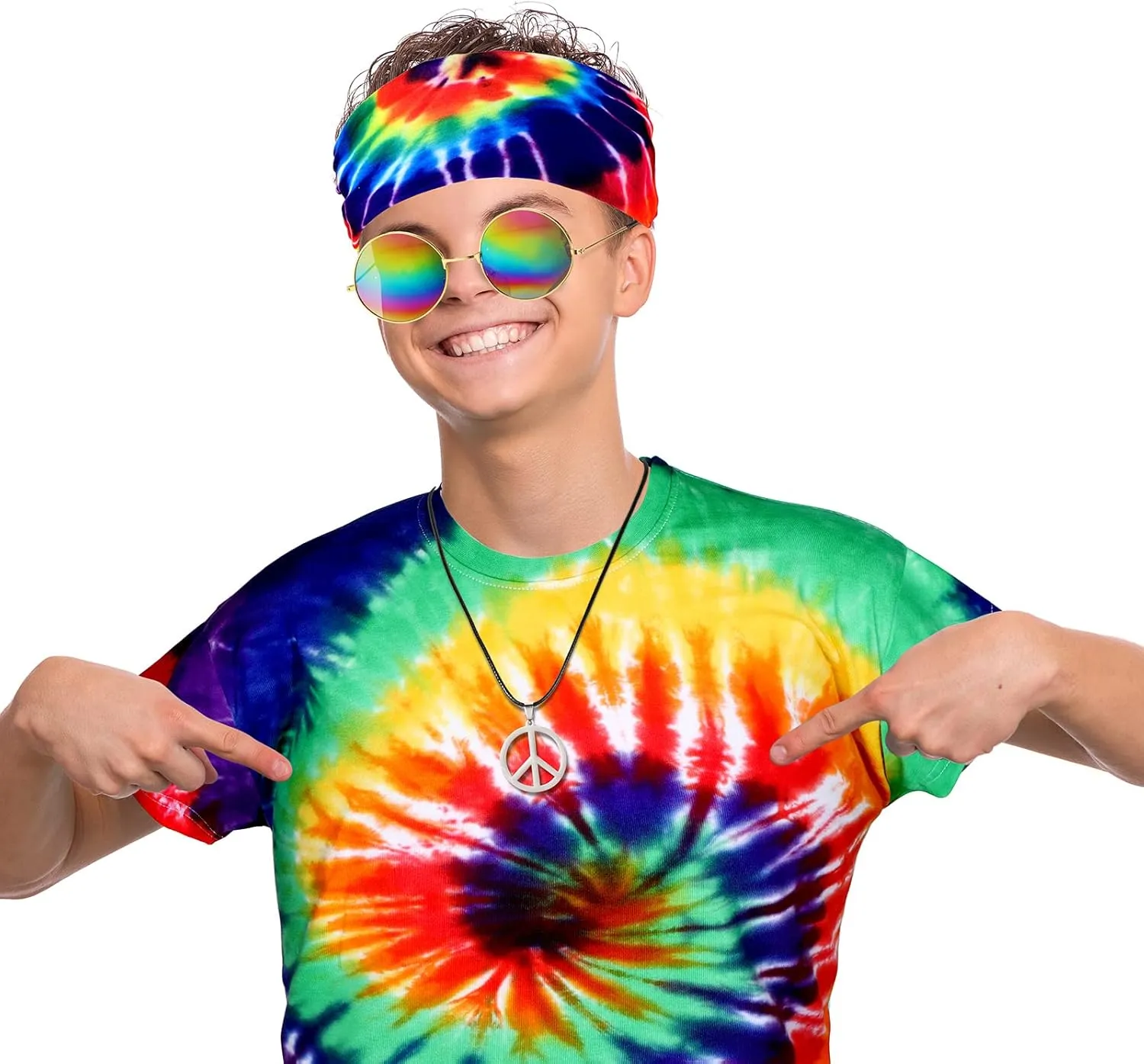 Norme 4 Pcs Kids Adult Hippie Costume Set Tie Dye T Shirt Peace Necklace Headband and Sunglasses for Boys Girls Men Women