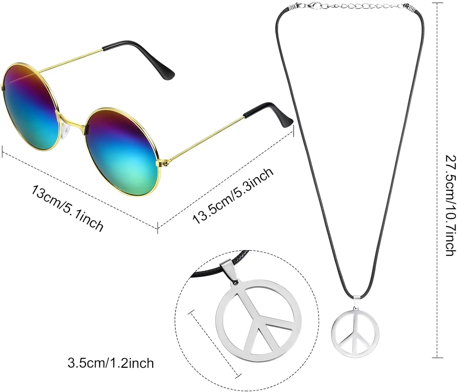 Norme 4 Pcs Kids Adult Hippie Costume Set Tie Dye T Shirt Peace Necklace Headband and Sunglasses for Boys Girls Men Women