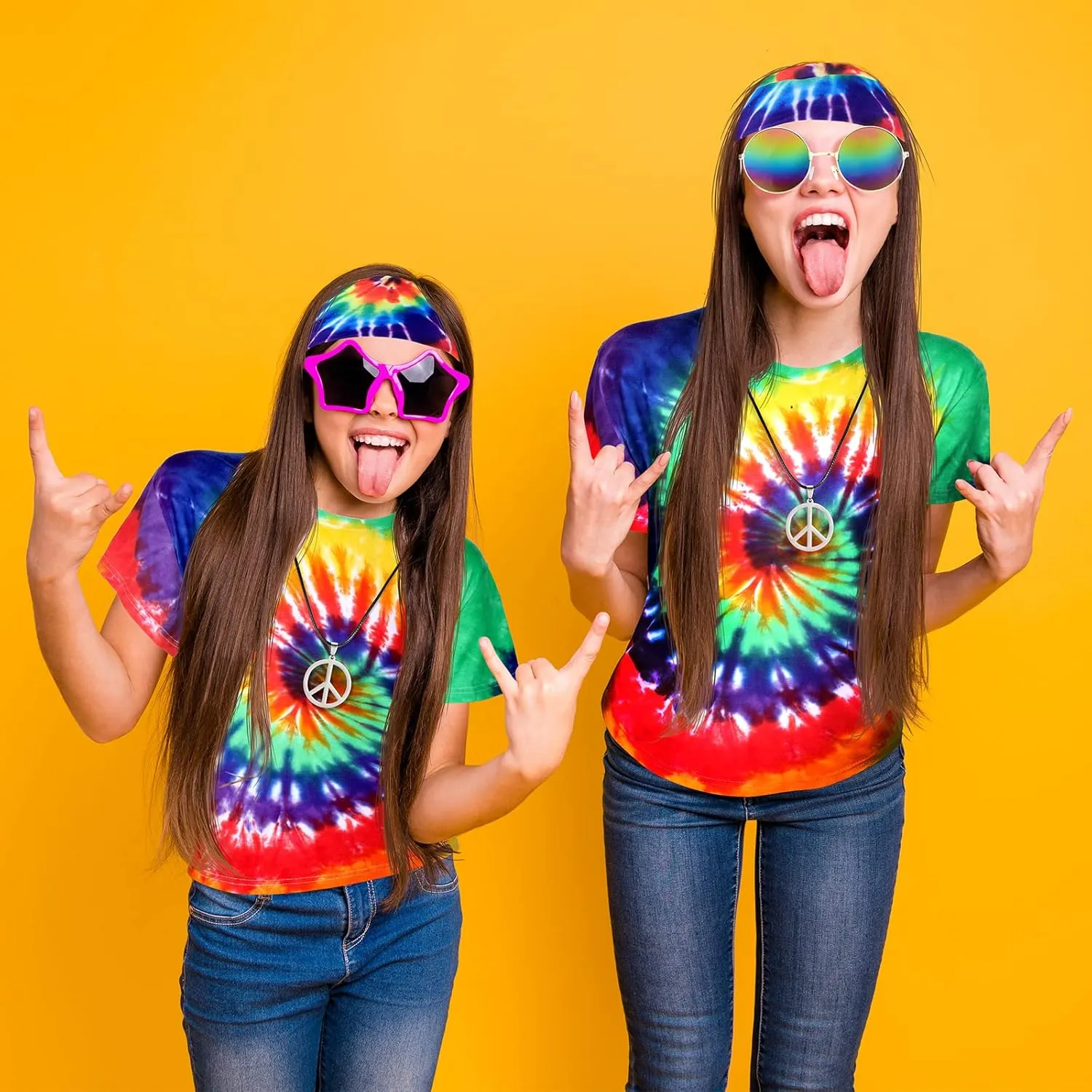 Norme 4 Pcs Kids Adult Hippie Costume Set Tie Dye T Shirt Peace Necklace Headband and Sunglasses for Boys Girls Men Women
