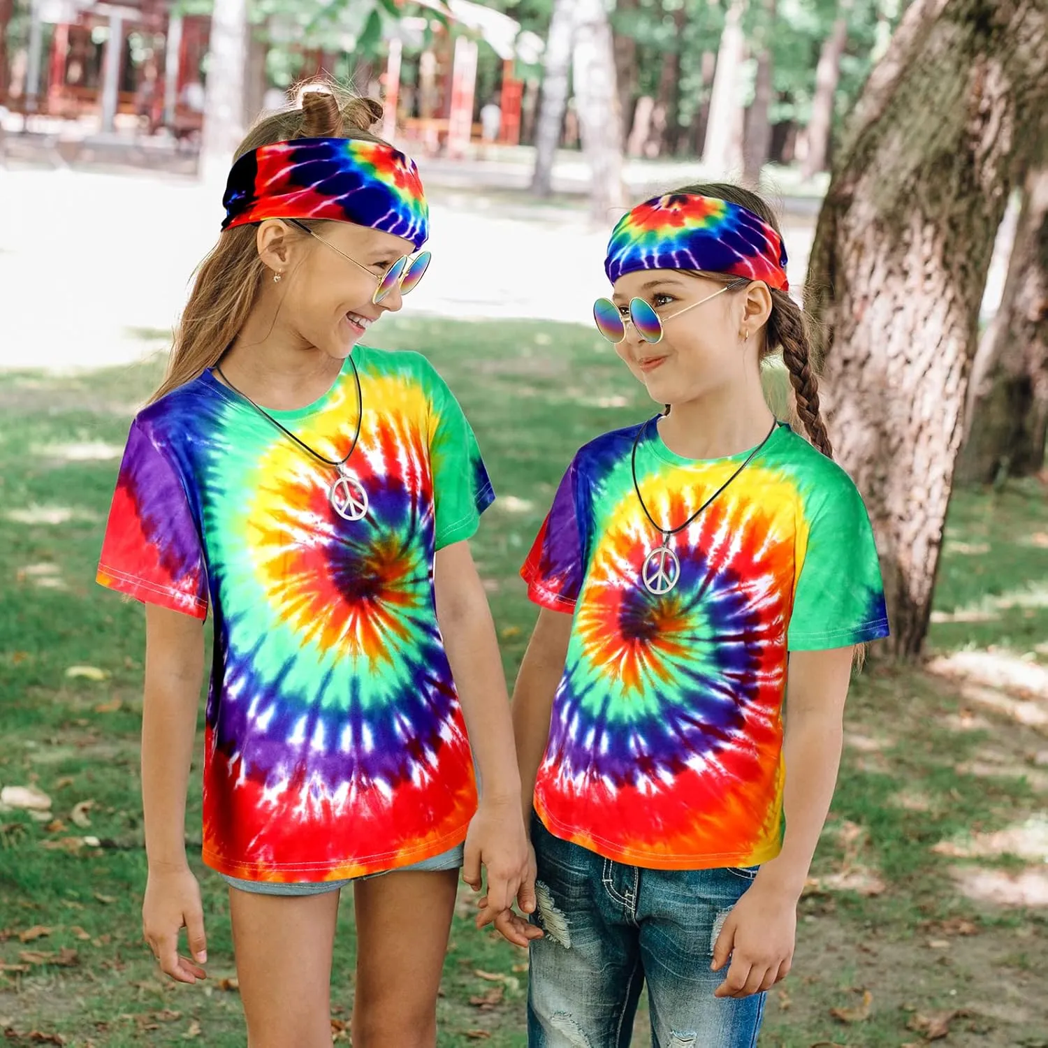 Norme 4 Pcs Kids Adult Hippie Costume Set Tie Dye T Shirt Peace Necklace Headband and Sunglasses for Boys Girls Men Women