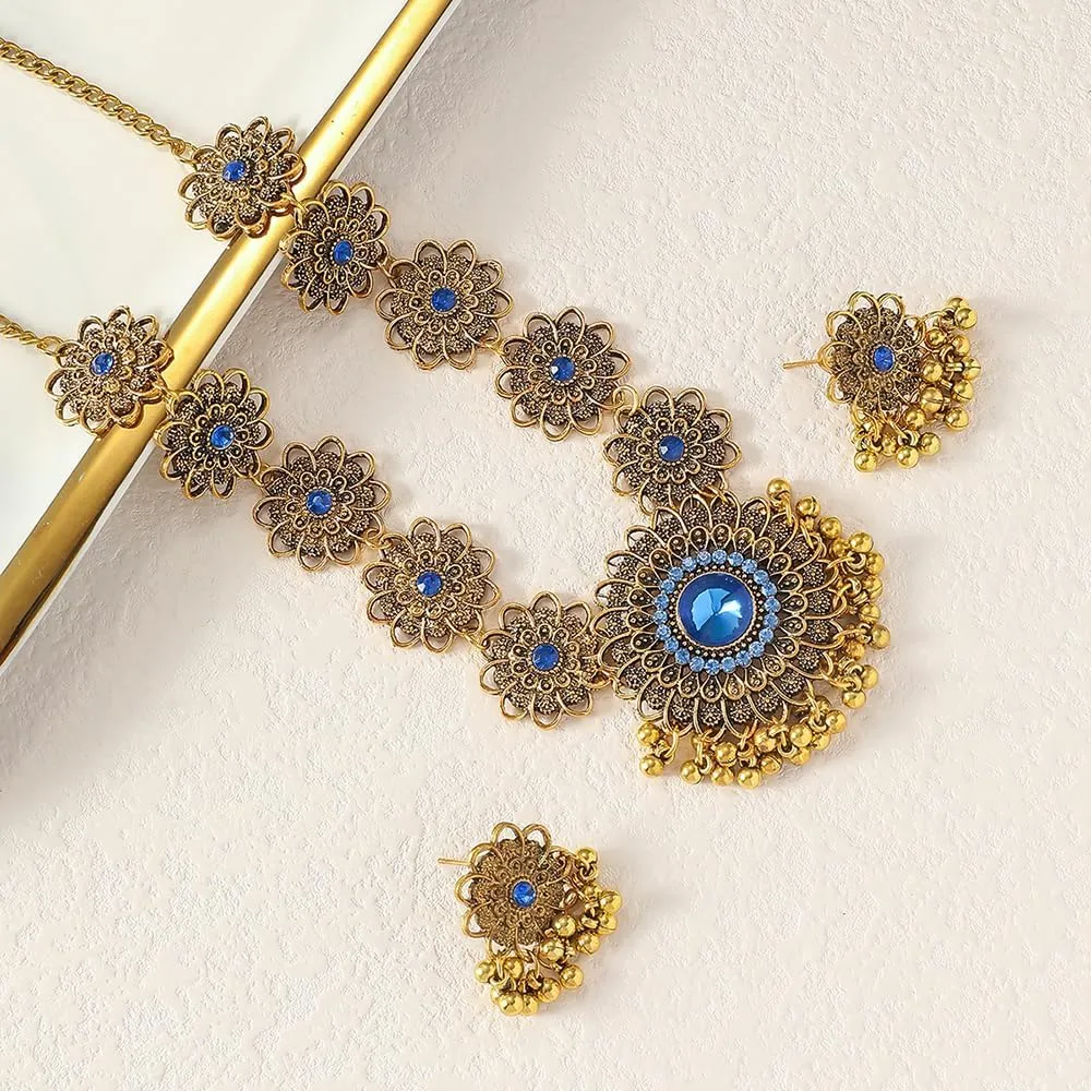 OIDIMS Bollywood Indian Jewelry Sets for Women Wedding Party Jewelry Flower Tassel Beaded Dangle Earring Oxidized Indian Choker Necklace Gold Plated Zirconia Jhumkas Chandelier Earrings Boho Jewelry