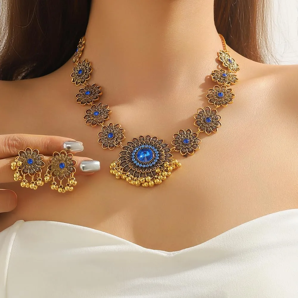 OIDIMS Bollywood Indian Jewelry Sets for Women Wedding Party Jewelry Flower Tassel Beaded Dangle Earring Oxidized Indian Choker Necklace Gold Plated Zirconia Jhumkas Chandelier Earrings Boho Jewelry