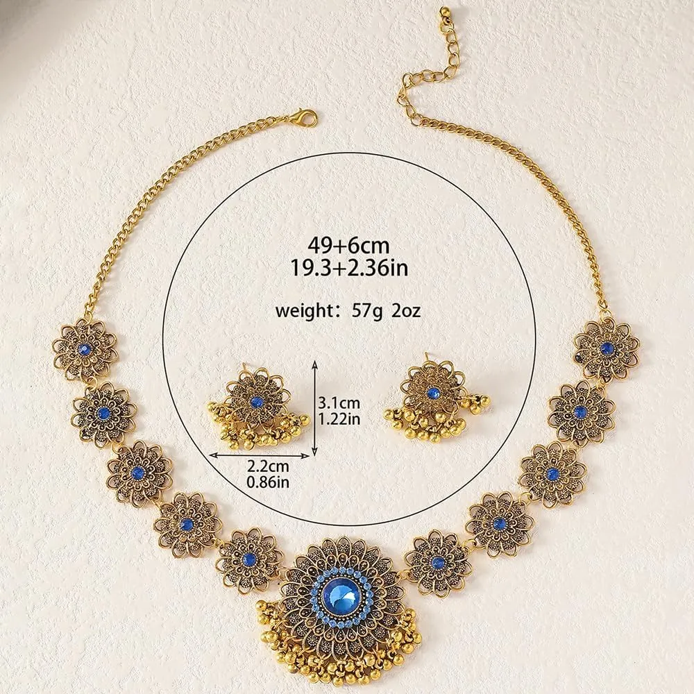OIDIMS Bollywood Indian Jewelry Sets for Women Wedding Party Jewelry Flower Tassel Beaded Dangle Earring Oxidized Indian Choker Necklace Gold Plated Zirconia Jhumkas Chandelier Earrings Boho Jewelry