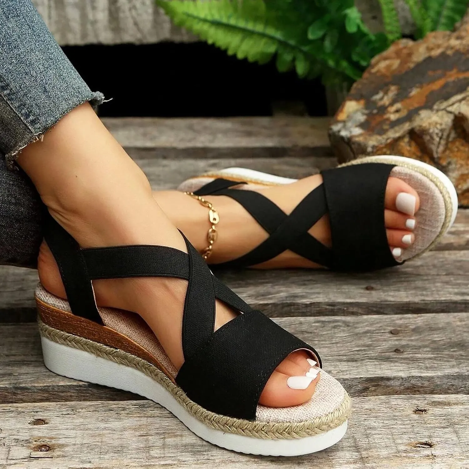 Orthopedic Platform Wedge Sandals for Women Summer Dressy 2025 Flat Open Toe Ankle Strap Espadrilles Casual Strappy Slip on Beach Boho Shoes