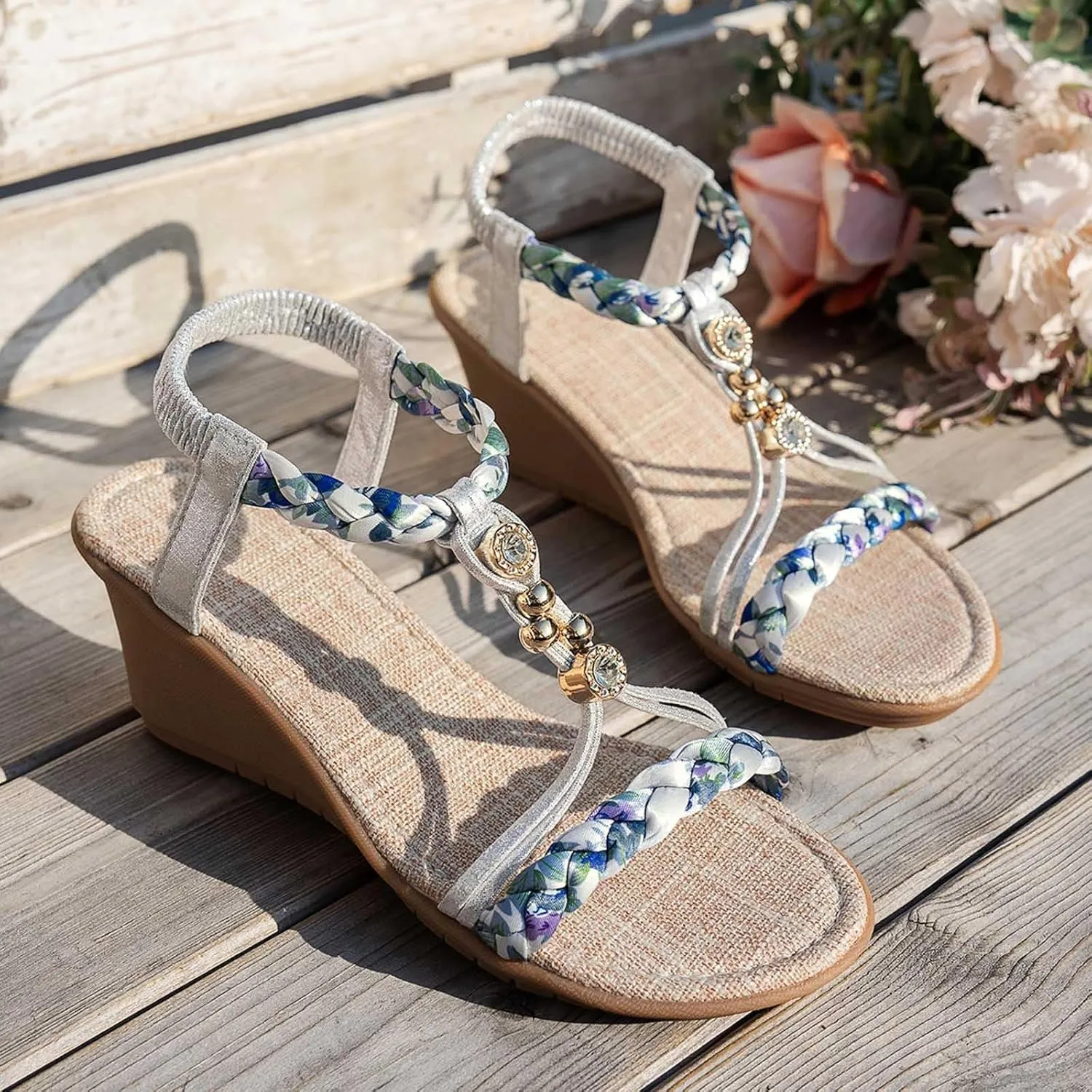 Orthopedic Sandals for Women Arch Support, Women Dressy Comfortable Platform Wedges Open Toe Ankle Strap Bohemian Sandals Slip On Boho Sandal Dress Shoe for Work Party Wedding