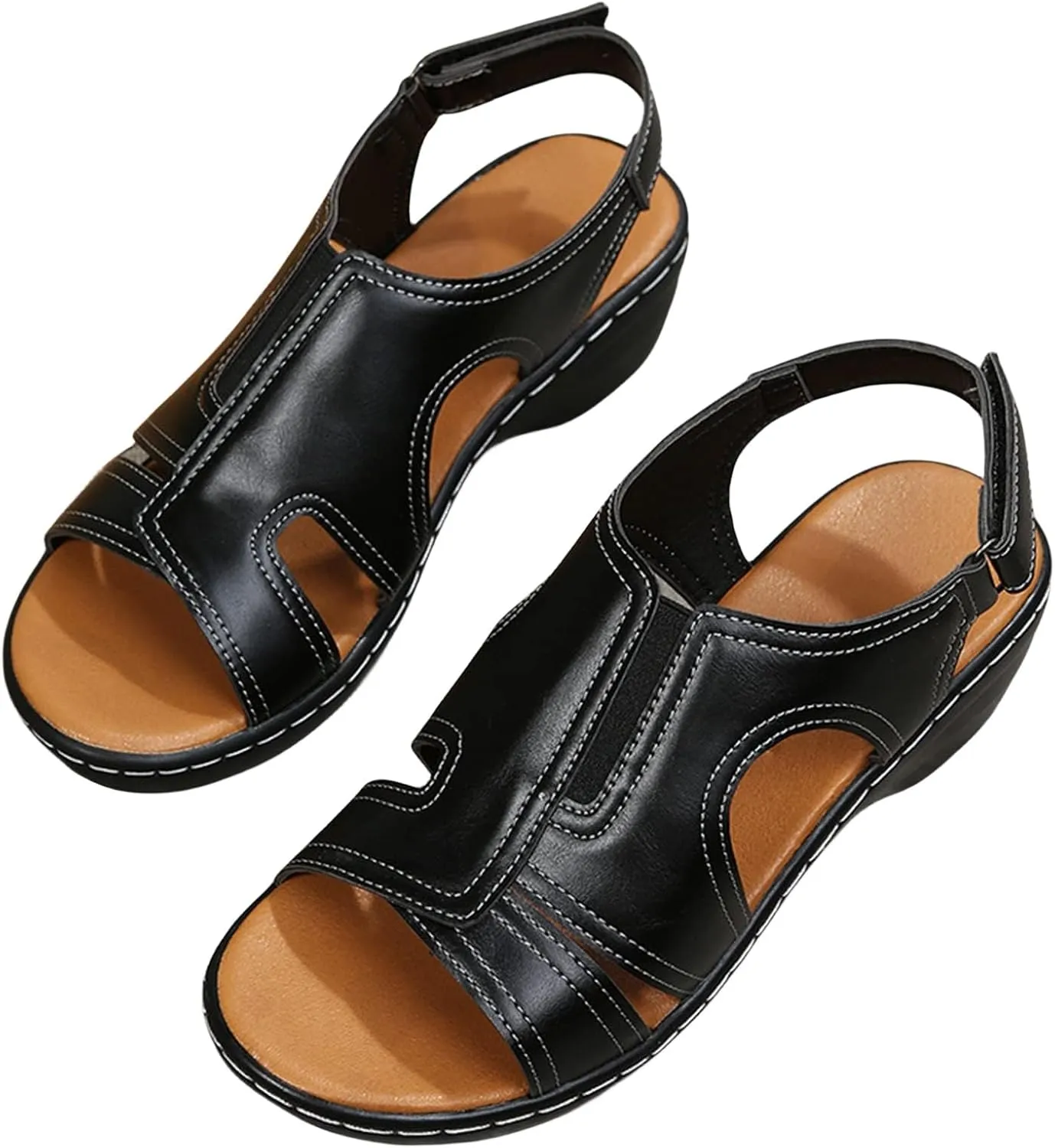 Orthopedic Sandals for Women Wide Width Casual Non-Slip Shoes Women Platform Orthopedic Sandals with Arch Support Stitching Hollow Adjustable Strap Walking Sandal Comfortable Fish Mouth Wedge Sandal