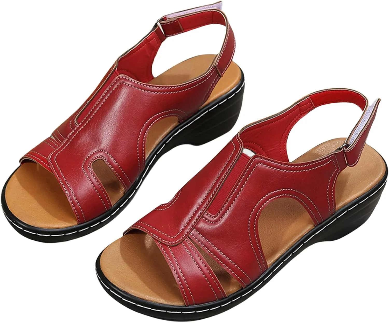 Orthopedic Sandals for Women Wide Width Casual Non-Slip Shoes Women Platform Orthopedic Sandals with Arch Support Stitching Hollow Adjustable Strap Walking Sandal Comfortable Fish Mouth Wedge Sandal