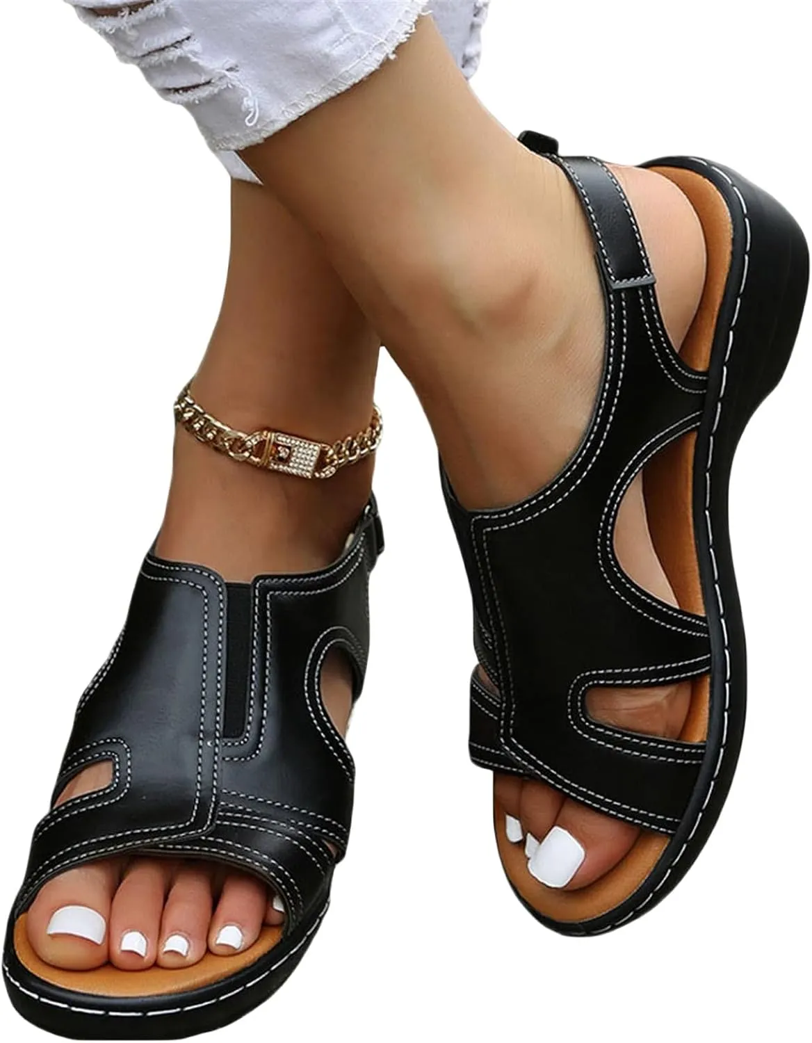 Orthopedic Sandals for Women Wide Width Casual Non-Slip Shoes Women Platform Orthopedic Sandals with Arch Support Stitching Hollow Adjustable Strap Walking Sandal Comfortable Fish Mouth Wedge Sandal