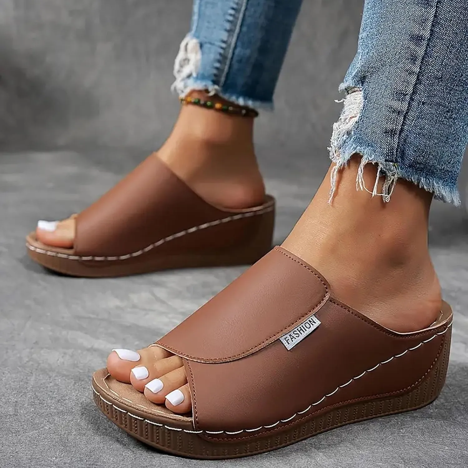 Orthopedic Sandals for Women Wide Width,Comfortable Arch Support Slides Women's Sandal Breathable Summer Orthotic Platform Wedge Slip on Walking Casual Shoes